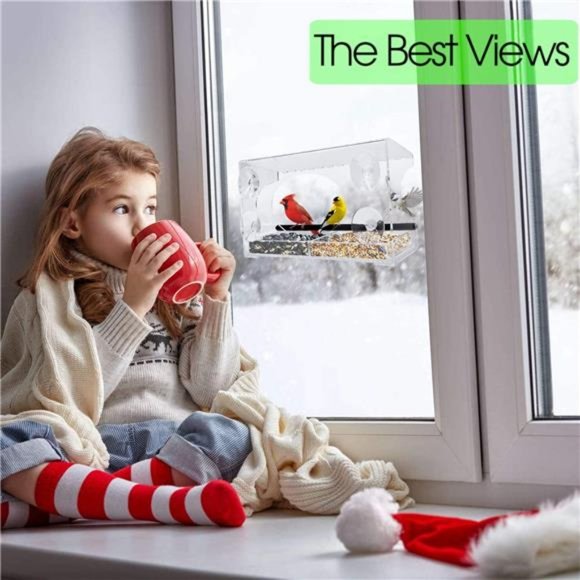 XL Window Bird Feeder-Extended Roof- Steel Perch-Sliding Feed Tray Drains Water - Picture 4 of 6